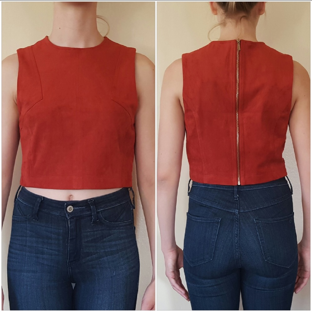 Rust Red Suede Crop Top with Zip Back